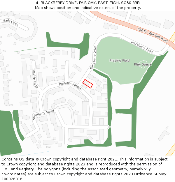 4, BLACKBERRY DRIVE, FAIR OAK, EASTLEIGH, SO50 8RB: Location map and indicative extent of plot