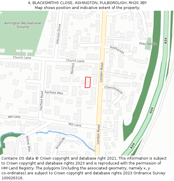 4, BLACKSMITHS CLOSE, ASHINGTON, PULBOROUGH, RH20 3BY: Location map and indicative extent of plot