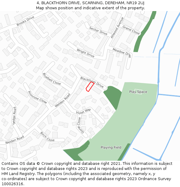 4, BLACKTHORN DRIVE, SCARNING, DEREHAM, NR19 2UJ: Location map and indicative extent of plot