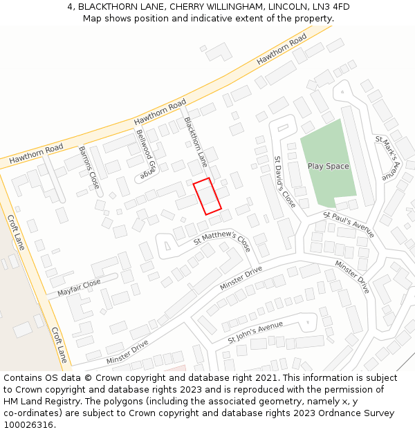 4, BLACKTHORN LANE, CHERRY WILLINGHAM, LINCOLN, LN3 4FD: Location map and indicative extent of plot