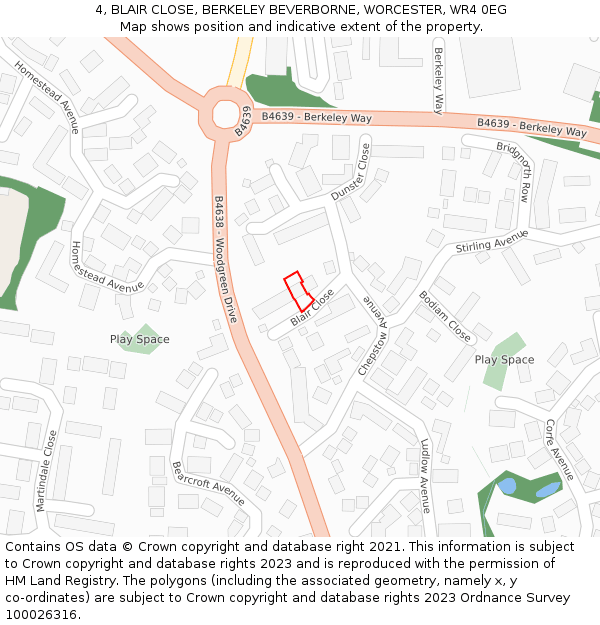 4, BLAIR CLOSE, BERKELEY BEVERBORNE, WORCESTER, WR4 0EG: Location map and indicative extent of plot