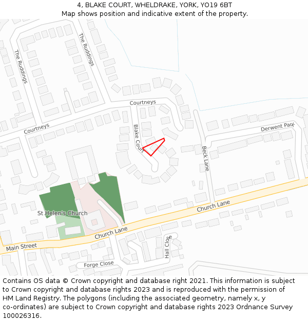 4, BLAKE COURT, WHELDRAKE, YORK, YO19 6BT: Location map and indicative extent of plot