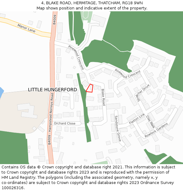 4, BLAKE ROAD, HERMITAGE, THATCHAM, RG18 9WN: Location map and indicative extent of plot