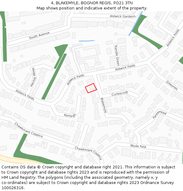 4, BLAKEMYLE, BOGNOR REGIS, PO21 3TN: Location map and indicative extent of plot