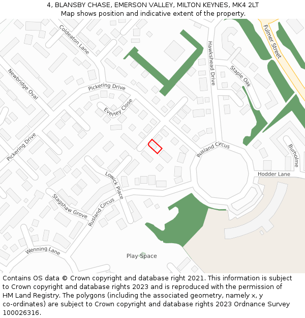 4, BLANSBY CHASE, EMERSON VALLEY, MILTON KEYNES, MK4 2LT: Location map and indicative extent of plot