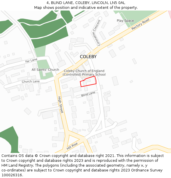 4, BLIND LANE, COLEBY, LINCOLN, LN5 0AL: Location map and indicative extent of plot