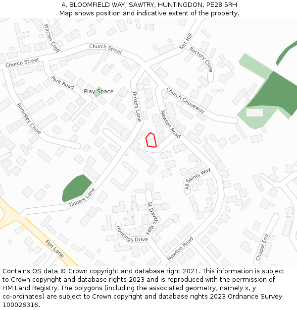 4, BLOOMFIELD WAY, SAWTRY, HUNTINGDON, PE28 5RH: Location map and indicative extent of plot