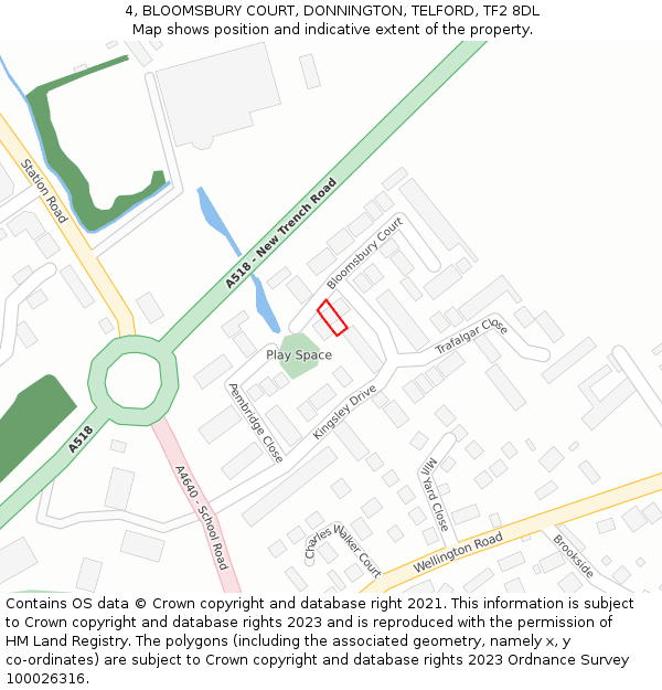 4, BLOOMSBURY COURT, DONNINGTON, TELFORD, TF2 8DL: Location map and indicative extent of plot