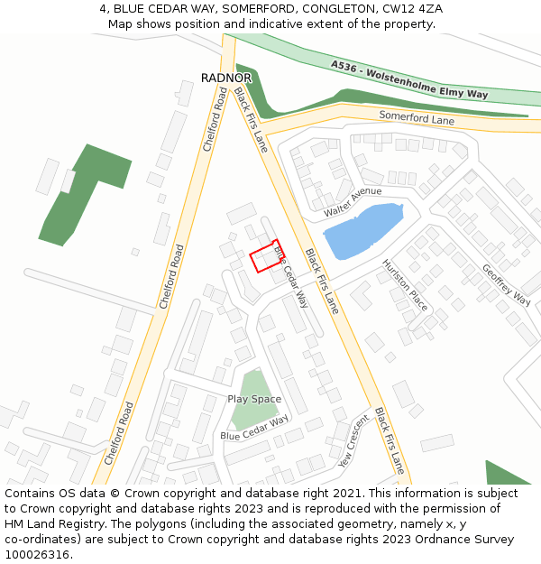 4, BLUE CEDAR WAY, SOMERFORD, CONGLETON, CW12 4ZA: Location map and indicative extent of plot