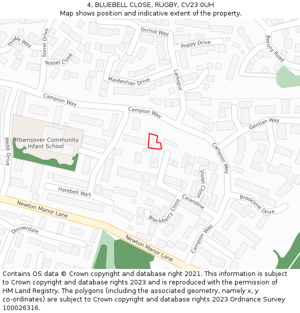 4, BLUEBELL CLOSE, RUGBY, CV23 0UH: Location map and indicative extent of plot