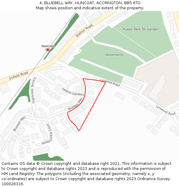 4, BLUEBELL WAY, HUNCOAT, ACCRINGTON, BB5 6TD: Location map and indicative extent of plot