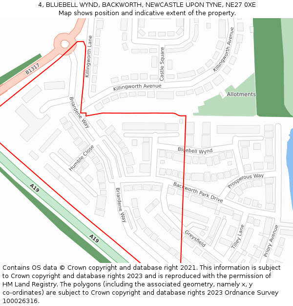 4, BLUEBELL WYND, BACKWORTH, NEWCASTLE UPON TYNE, NE27 0XE: Location map and indicative extent of plot