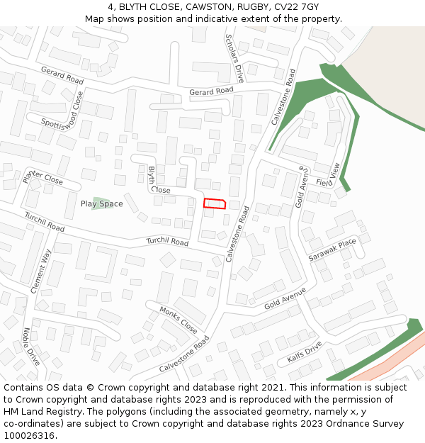 4, BLYTH CLOSE, CAWSTON, RUGBY, CV22 7GY: Location map and indicative extent of plot