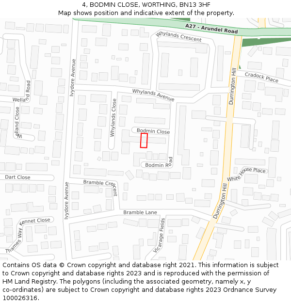 4, BODMIN CLOSE, WORTHING, BN13 3HF: Location map and indicative extent of plot