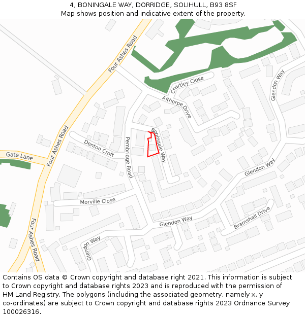 4, BONINGALE WAY, DORRIDGE, SOLIHULL, B93 8SF: Location map and indicative extent of plot