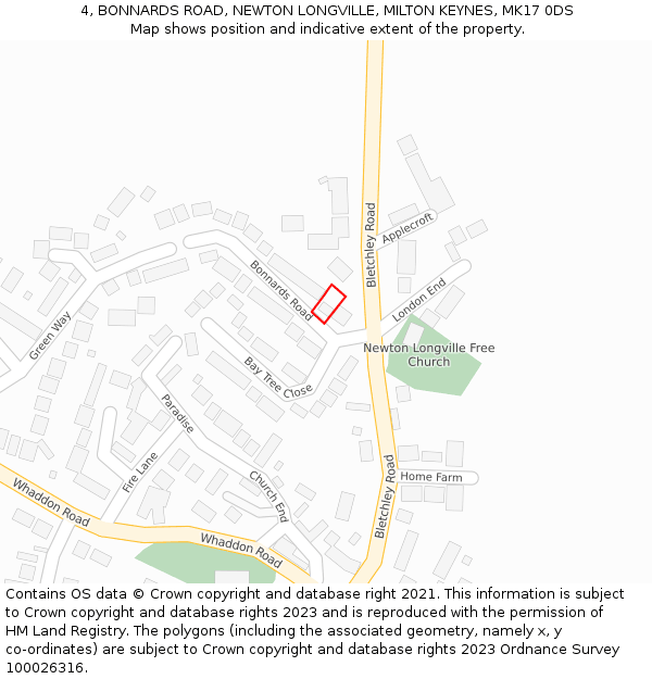 4, BONNARDS ROAD, NEWTON LONGVILLE, MILTON KEYNES, MK17 0DS: Location map and indicative extent of plot