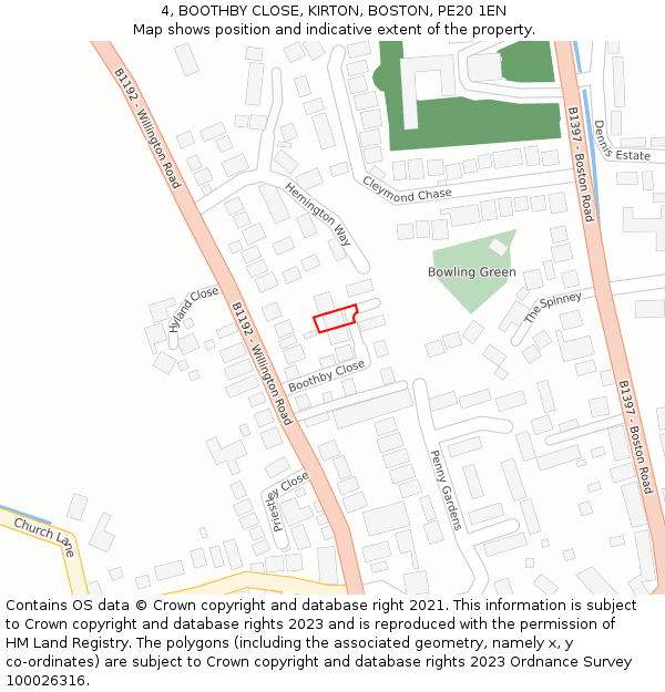 4, BOOTHBY CLOSE, KIRTON, BOSTON, PE20 1EN: Location map and indicative extent of plot
