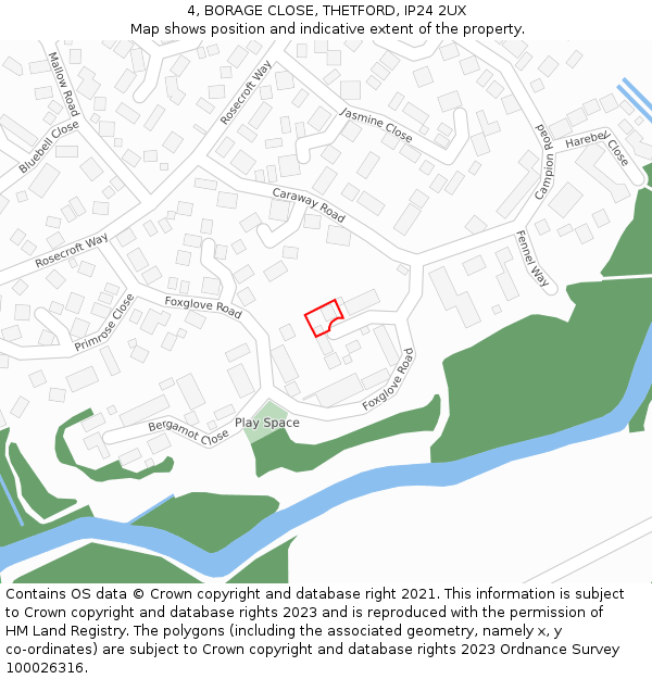 4, BORAGE CLOSE, THETFORD, IP24 2UX: Location map and indicative extent of plot