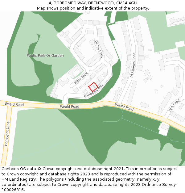 4, BORROMEO WAY, BRENTWOOD, CM14 4GU: Location map and indicative extent of plot