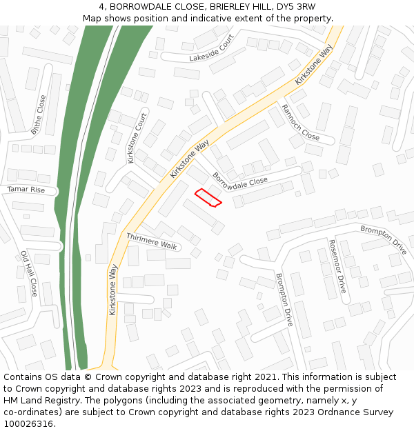 4, BORROWDALE CLOSE, BRIERLEY HILL, DY5 3RW: Location map and indicative extent of plot