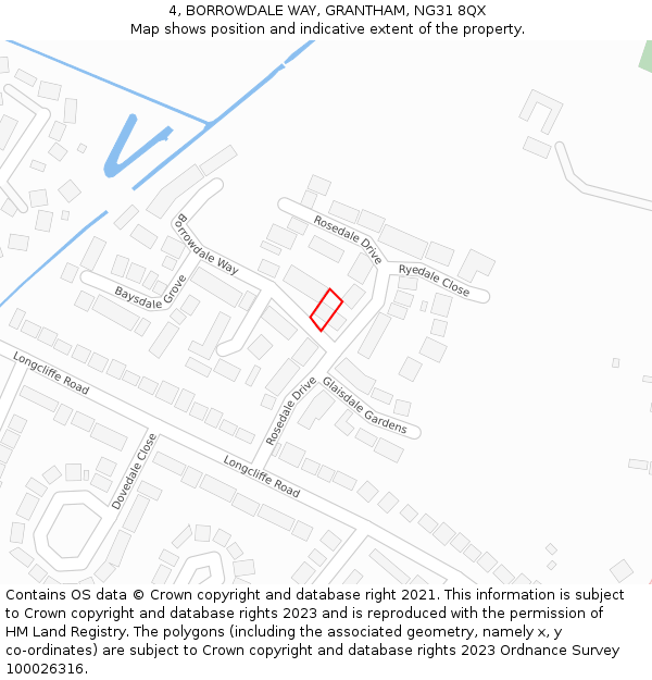 4, BORROWDALE WAY, GRANTHAM, NG31 8QX: Location map and indicative extent of plot