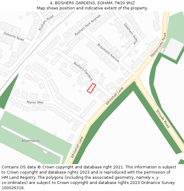 4, BOSHERS GARDENS, EGHAM, TW20 9NZ: Location map and indicative extent of plot