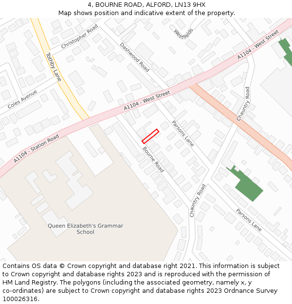 4, BOURNE ROAD, ALFORD, LN13 9HX: Location map and indicative extent of plot