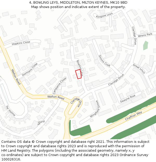 4, BOWLING LEYS, MIDDLETON, MILTON KEYNES, MK10 9BD: Location map and indicative extent of plot