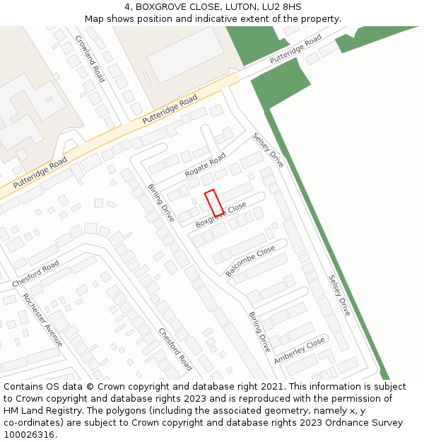 4, BOXGROVE CLOSE, LUTON, LU2 8HS: Location map and indicative extent of plot