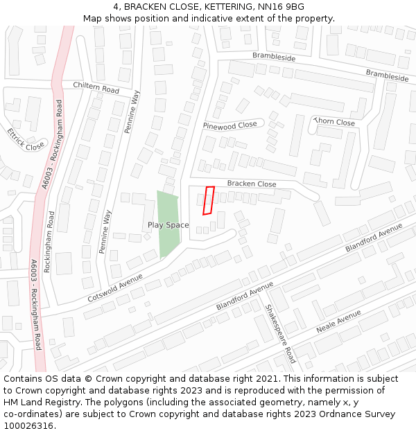 4, BRACKEN CLOSE, KETTERING, NN16 9BG: Location map and indicative extent of plot