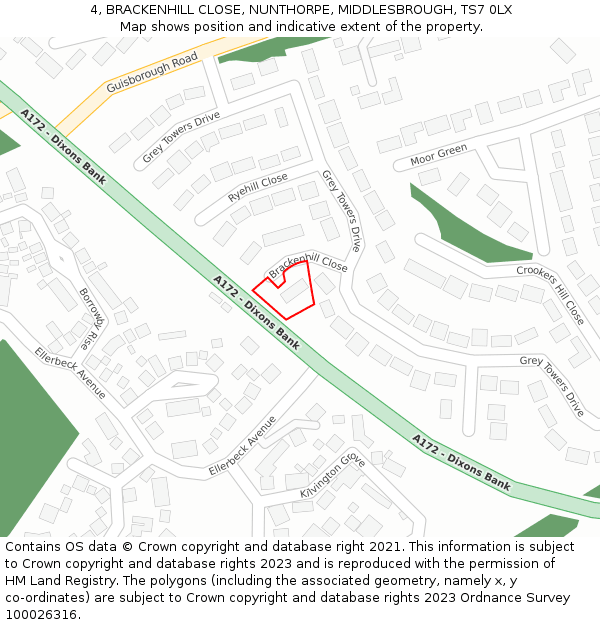4, BRACKENHILL CLOSE, NUNTHORPE, MIDDLESBROUGH, TS7 0LX: Location map and indicative extent of plot