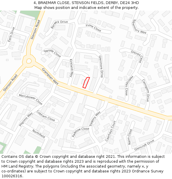 4, BRAEMAR CLOSE, STENSON FIELDS, DERBY, DE24 3HD: Location map and indicative extent of plot