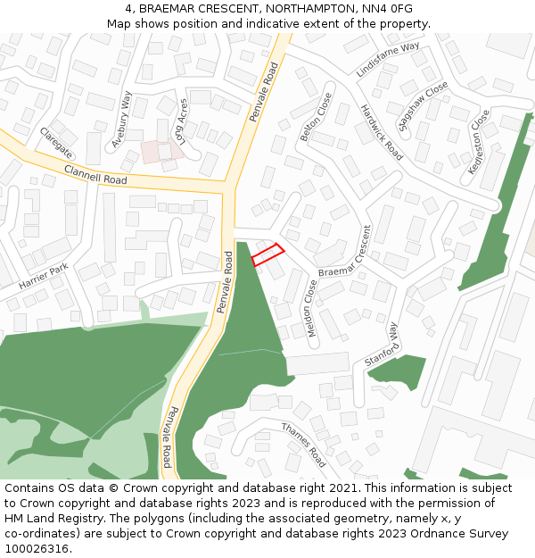 4, BRAEMAR CRESCENT, NORTHAMPTON, NN4 0FG: Location map and indicative extent of plot