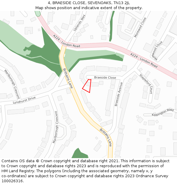 4, BRAESIDE CLOSE, SEVENOAKS, TN13 2JL: Location map and indicative extent of plot