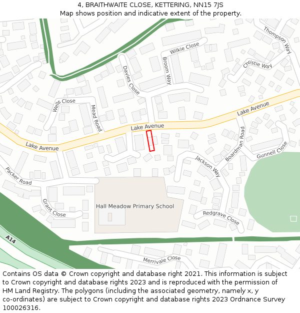 4, BRAITHWAITE CLOSE, KETTERING, NN15 7JS: Location map and indicative extent of plot