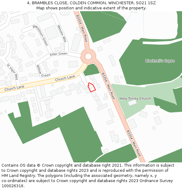 4, BRAMBLES CLOSE, COLDEN COMMON, WINCHESTER, SO21 1SZ: Location map and indicative extent of plot