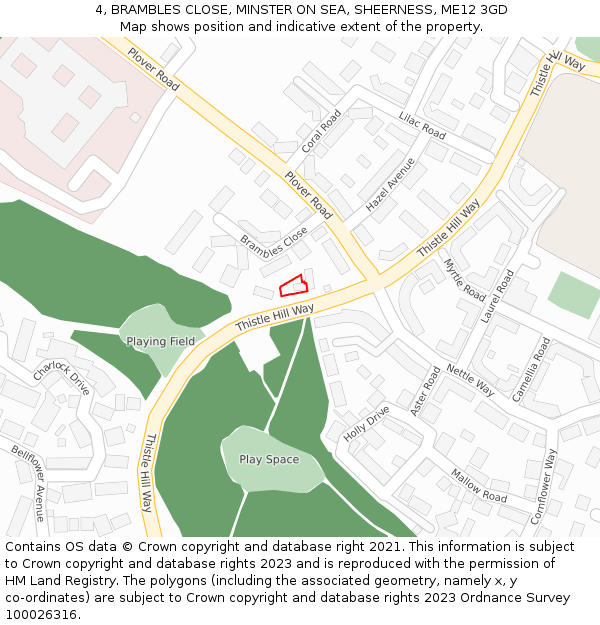 4, BRAMBLES CLOSE, MINSTER ON SEA, SHEERNESS, ME12 3GD: Location map and indicative extent of plot