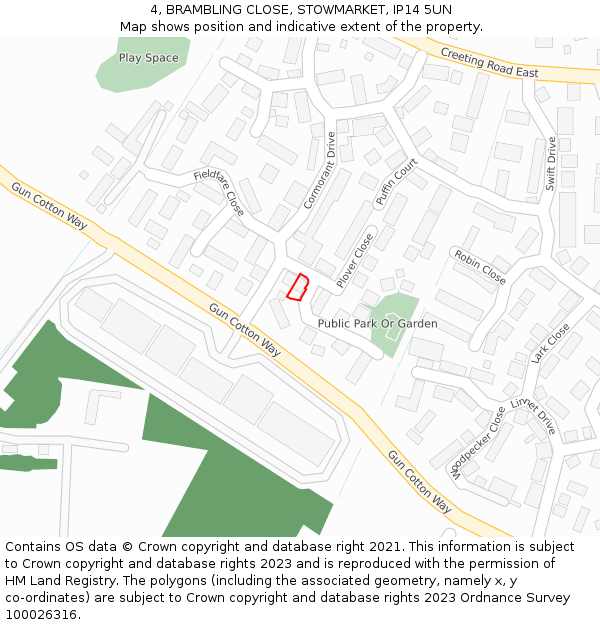 4, BRAMBLING CLOSE, STOWMARKET, IP14 5UN: Location map and indicative extent of plot