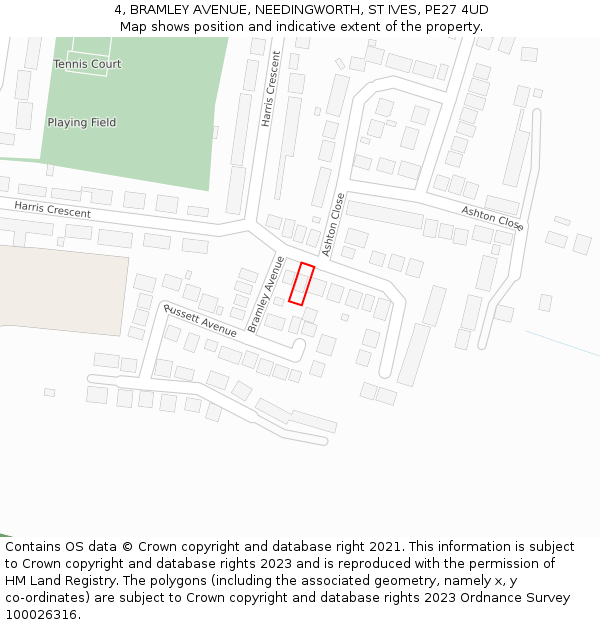 4, BRAMLEY AVENUE, NEEDINGWORTH, ST IVES, PE27 4UD: Location map and indicative extent of plot