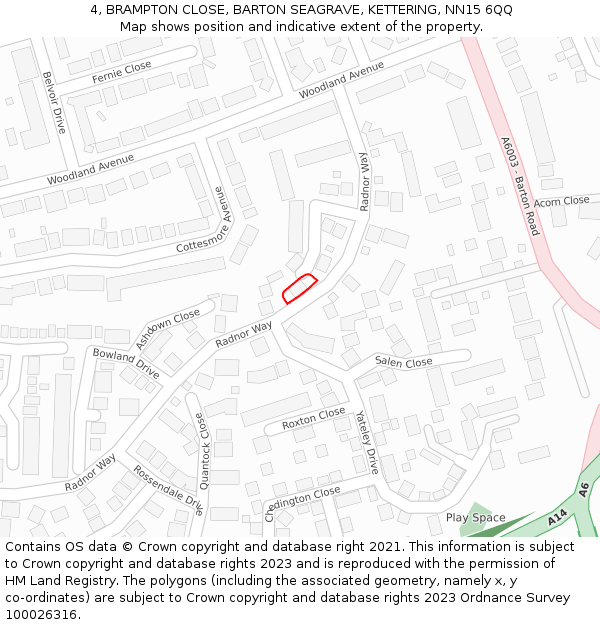 4, BRAMPTON CLOSE, BARTON SEAGRAVE, KETTERING, NN15 6QQ: Location map and indicative extent of plot