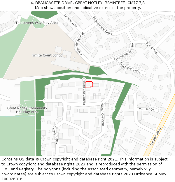 4, BRANCASTER DRIVE, GREAT NOTLEY, BRAINTREE, CM77 7JR: Location map and indicative extent of plot