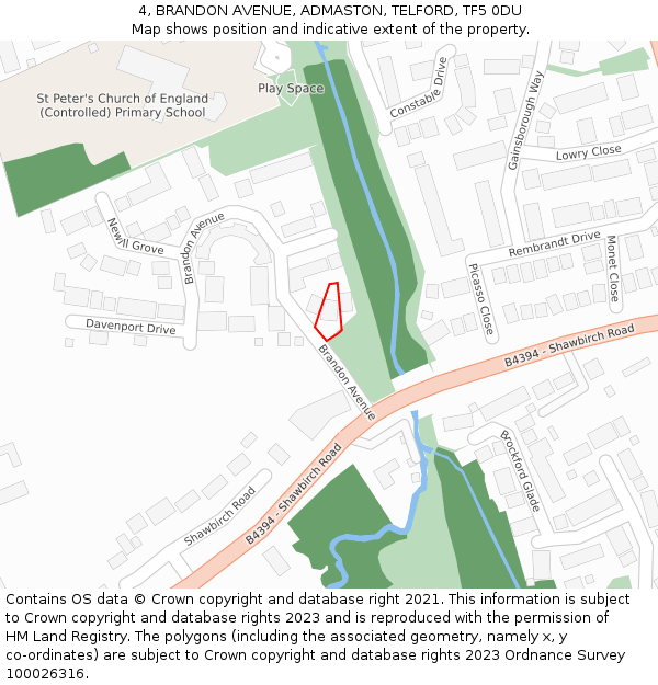 4, BRANDON AVENUE, ADMASTON, TELFORD, TF5 0DU: Location map and indicative extent of plot