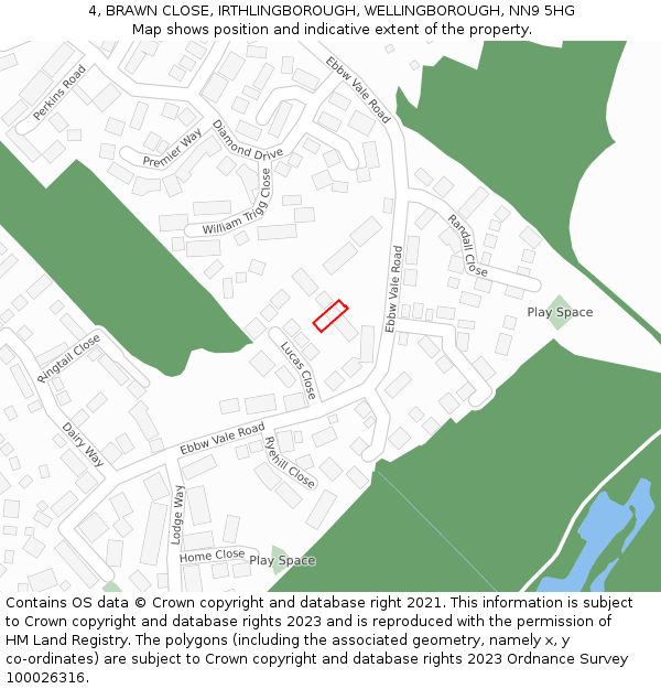 4, BRAWN CLOSE, IRTHLINGBOROUGH, WELLINGBOROUGH, NN9 5HG: Location map and indicative extent of plot