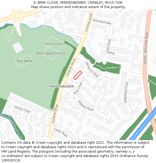 4, BRAY CLOSE, MAIDENBOWER, CRAWLEY, RH10 7QW: Location map and indicative extent of plot