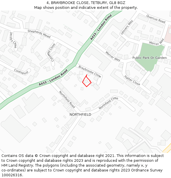 4, BRAYBROOKE CLOSE, TETBURY, GL8 8GZ: Location map and indicative extent of plot