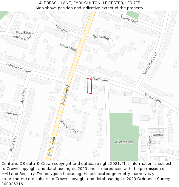 4, BREACH LANE, EARL SHILTON, LEICESTER, LE9 7FB: Location map and indicative extent of plot