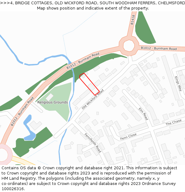 4, BRIDGE COTTAGES, OLD WICKFORD ROAD, SOUTH WOODHAM FERRERS, CHELMSFORD, CM3 5QX: Location map and indicative extent of plot