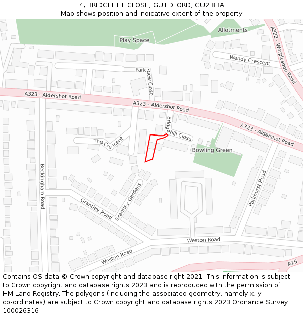 4, BRIDGEHILL CLOSE, GUILDFORD, GU2 8BA: Location map and indicative extent of plot