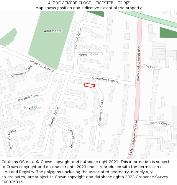 4, BRIDGEMERE CLOSE, LEICESTER, LE2 9JZ: Location map and indicative extent of plot