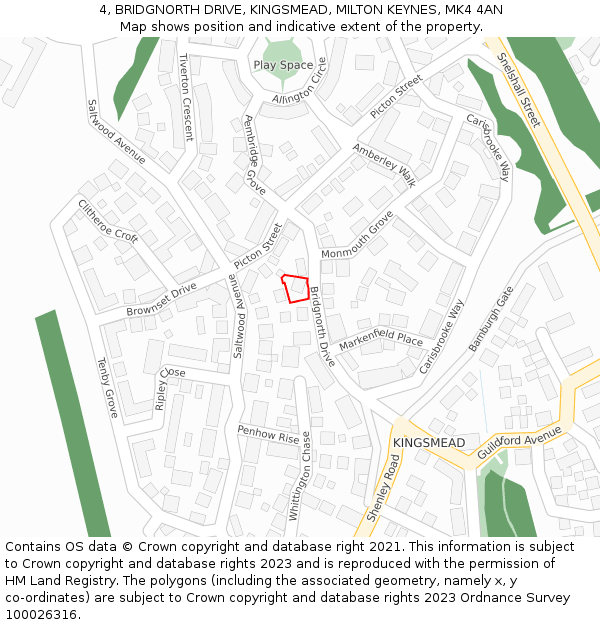 4, BRIDGNORTH DRIVE, KINGSMEAD, MILTON KEYNES, MK4 4AN: Location map and indicative extent of plot